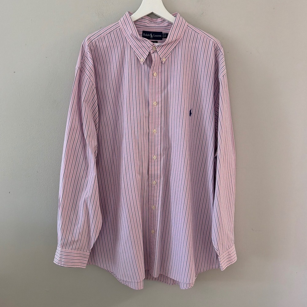 Ralph Lauren Mens 2XB Classic Fit Pinstripe Button Down‎ Shirt Pink Navy Blue